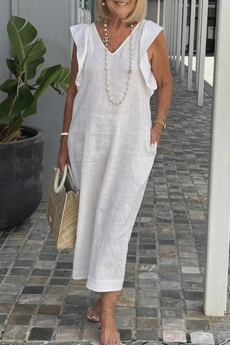 V Neck Ruffle Sleeveless Linen Dress