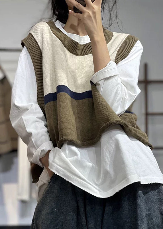 Beige O Neck Patchwork Cotton Knit Waistcoat Sleeveless