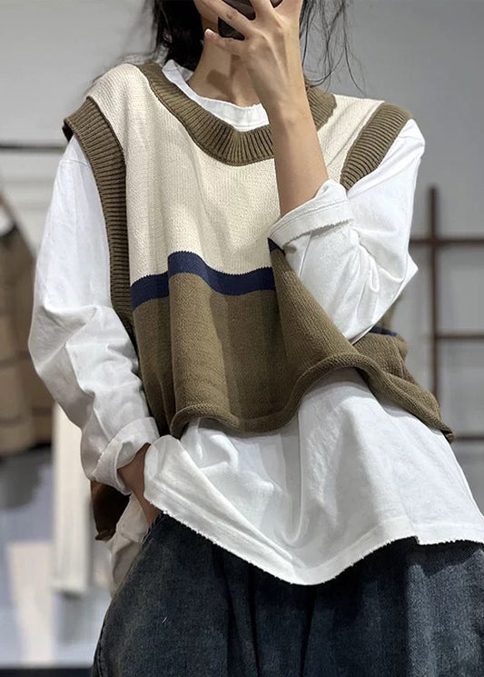 Beige O Neck Patchwork Cotton Knit Waistcoat Sleeveless