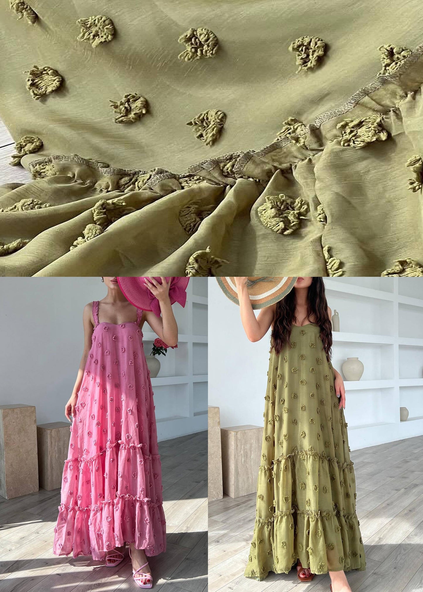 Army Green Cotton Spaghetti Strap Dress Ruffled Summer