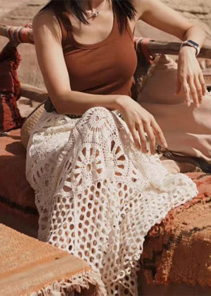 Apricot Hollow Out Lace Elastic Waist Cotton Skirts Summer