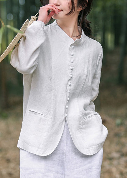 White O-neck Button Coats Long Sleeve