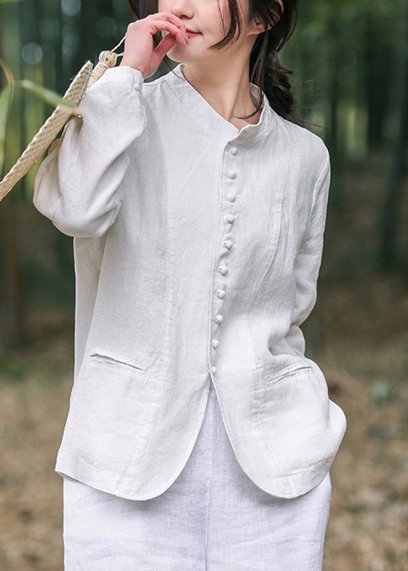 White O-neck Button Coats Long Sleeve