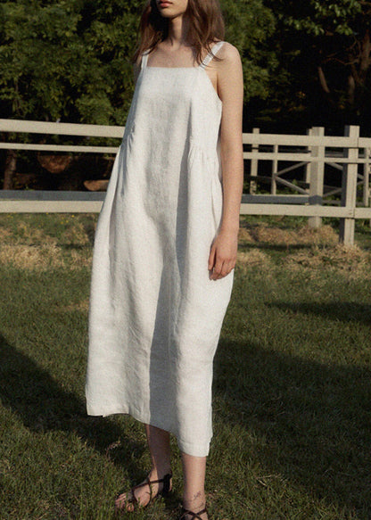 French White Backless Linen Spaghetti Strap Dresses Sleeveless