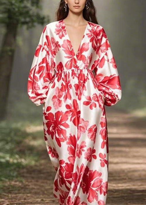 Red V Neck Print Pockets Silk Maxi Dresses Spring