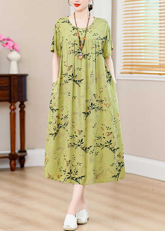 Green Print Pockets Silk Cotton Long Dresses Summer