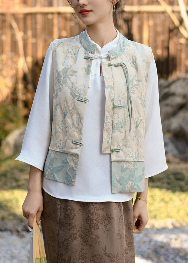 Green Tasseled Jacquard Oriental Button Silk Vest Spring
