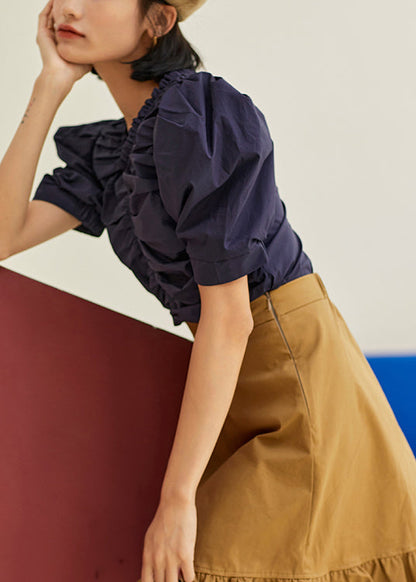French Red Ruffled Puff Sleeve Cotton Short Shirt Top