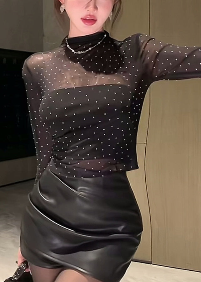 Style Black Half High Neck Zircon Tulle Top Fall