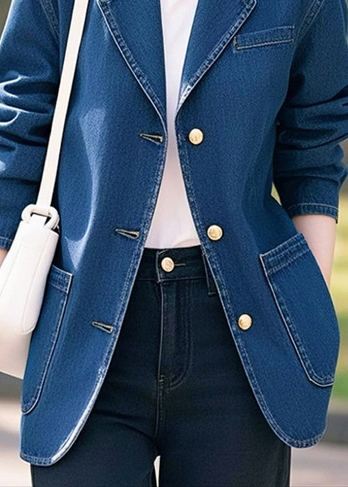 Stylish Blue Peter Pan Collar Button Pockets Denim Coat Spring