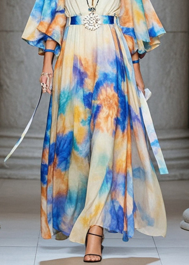 Cinched Tie Dye Chiffon Maxi Dresses Flare Sleeve
