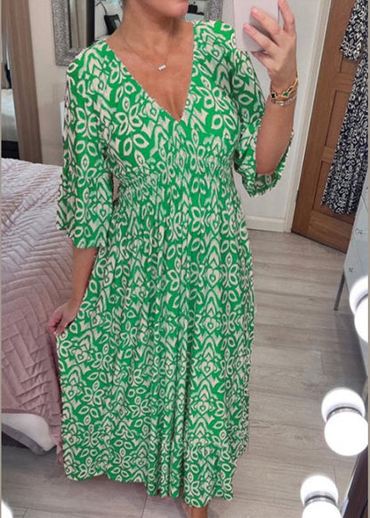 Red V Neck Print Cotton Dresses Summer