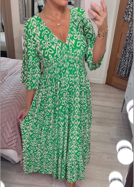 Red V Neck Print Cotton Dresses Summer