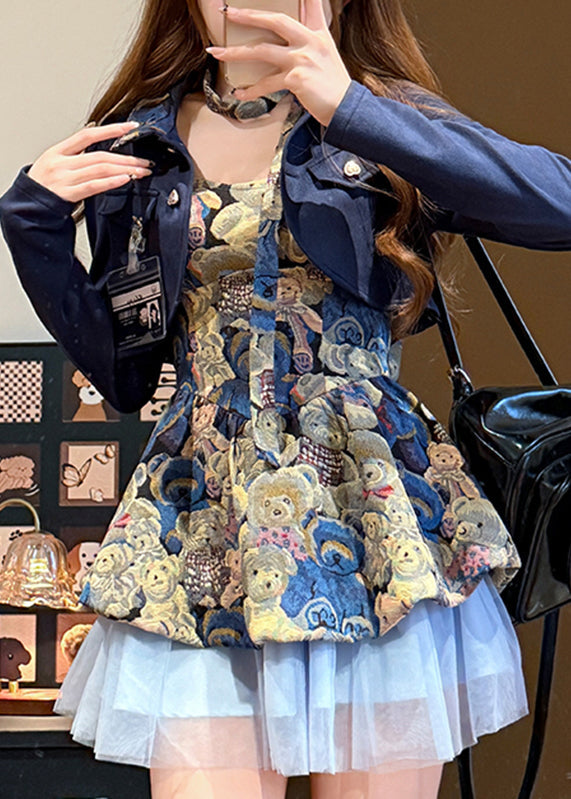 Unique Blue Print Tulle Patchwork Coats and Mid Dress Two Piece Set Fall