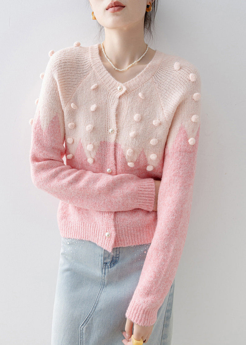 Pink O Neck Fuzzy Ball Decorated Knit Cardigans Spring