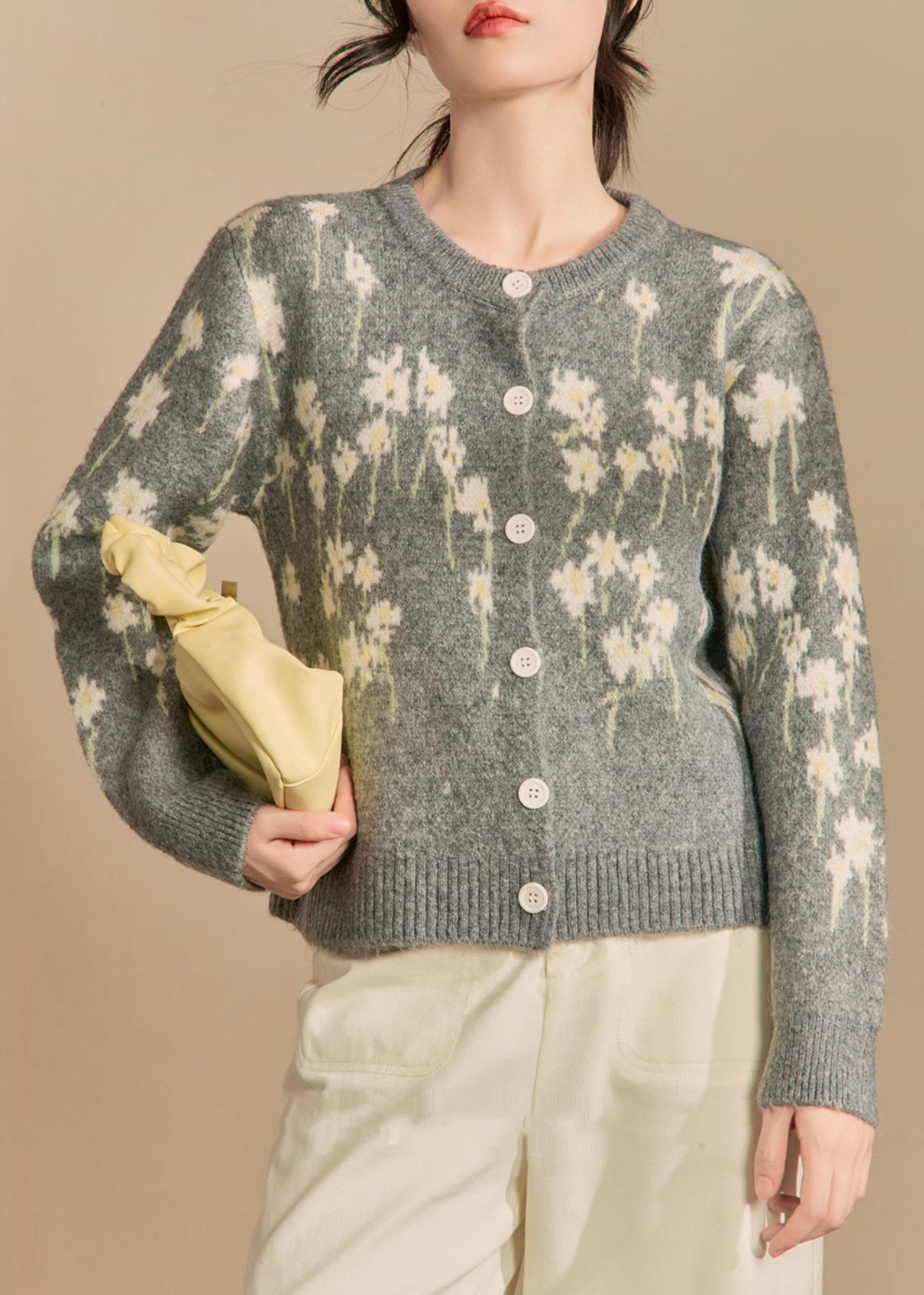 Jacquard Grey O Neck Button Knit Coat Winter