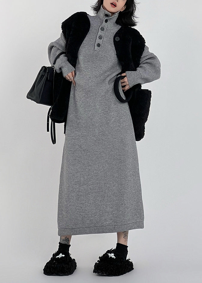 Grey Hign Neck Button Long Knit Sweaters Dress Winter