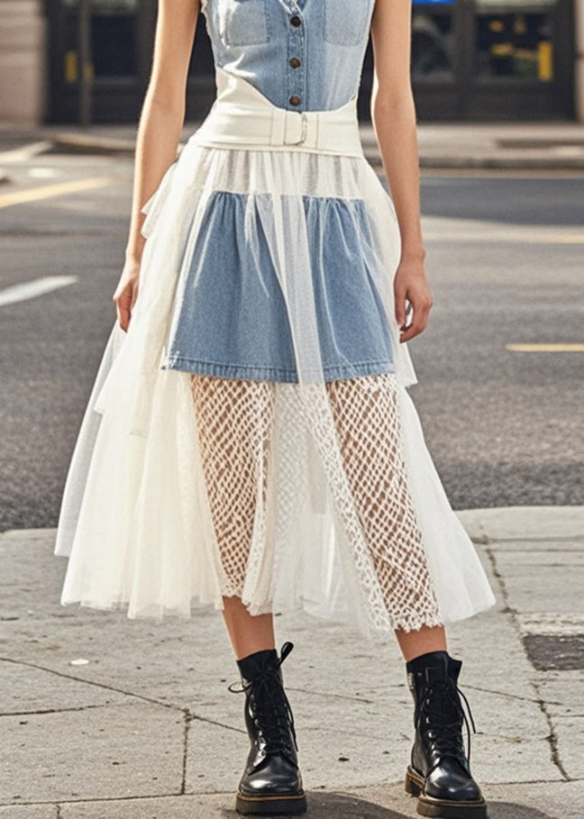 Denim Blue Ruffled Patchwork Tulle Vacation Dresses Summer