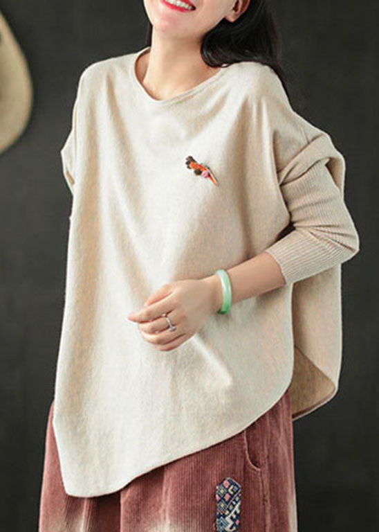 Italian Beige O-neck Asymmetrical Knit Tops Spring