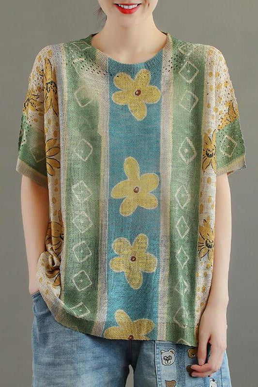 Cotton Knitted Hollow Out Stitching Irregular T-shirt