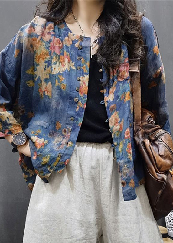 Blue Print Button Linen Top Long Sleeve