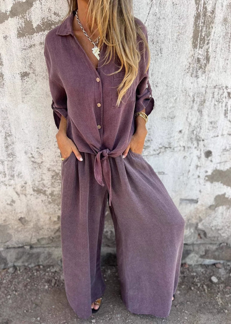 Loose Khaki Tops and Pants Cotton 2 Piece Outfit Fall