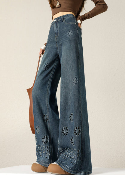 Navy Hollow Out Flower Denim Pants Spring
