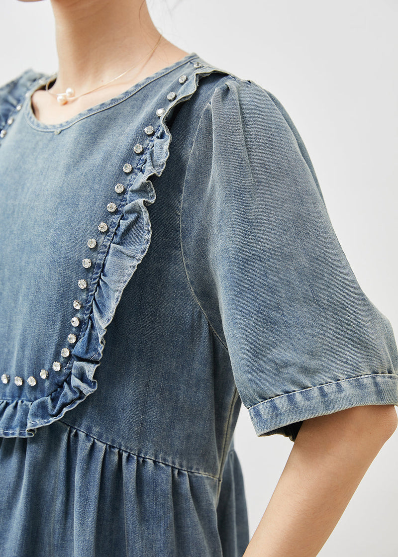 Blue Ruffled Nail Bead Denim Dresses Summer