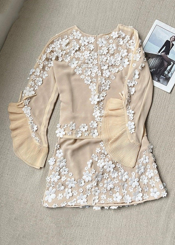 Apricot Zippered Tops and Skirts Patchwork Two Pieces Set Butterfly Sleeve