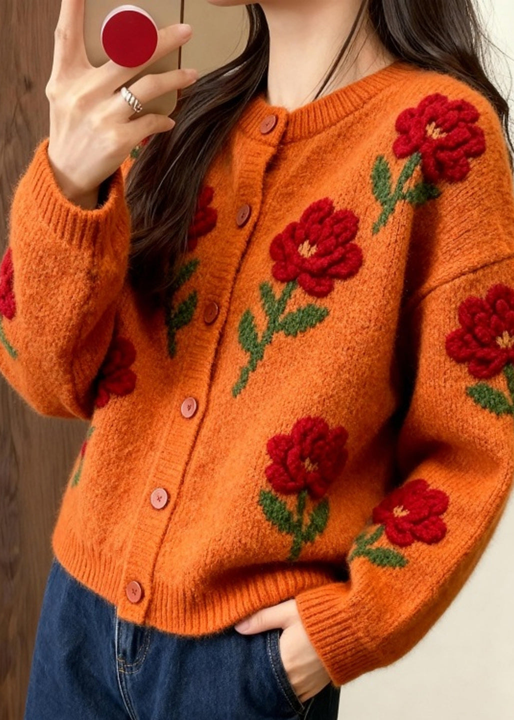 Orange O Neck Knit Loose Cardigans Fall