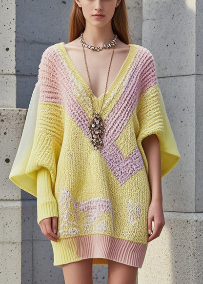 Yellow Asymmetrical Patchwork Long Knit Dress Fall