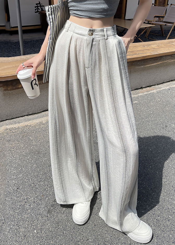 Grey Pockets High Waist Cotton Summer Pants Striped