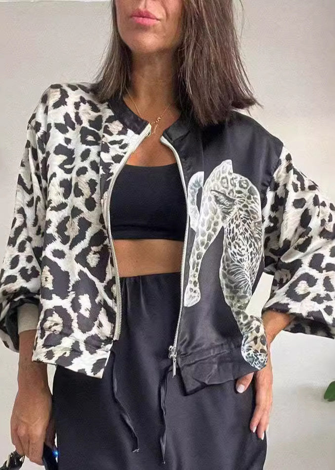 Black Leopard Zip Up Drawstring Short Coat Fall