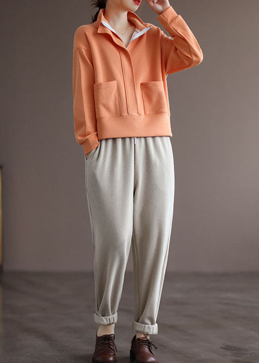 Modern Orange Stand Collar Pockets Zip Up Pullover Sweatshirt Long Sleeve