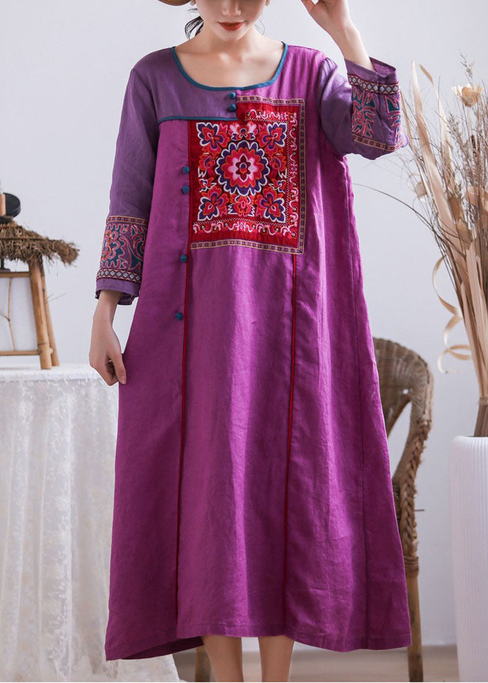 Purple Embroidered Chinese Button Patchwork Linen Long Dresses Summer