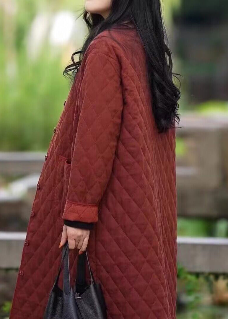 Red O Neck Pockets Fine Cotton Filled Coat in Winter