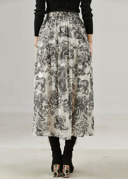 Black Print Cotton a Line Skirts Spring
