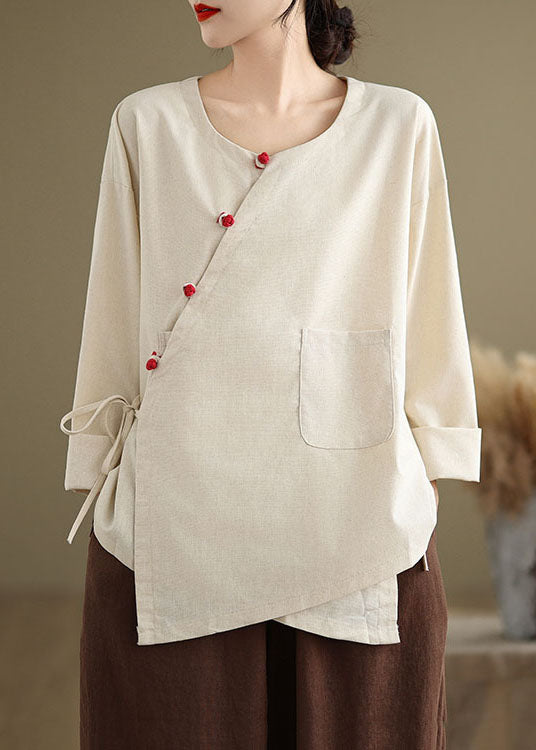 Beige O Neck Lace Up Patchwork Cotton Blouse Top Spring
