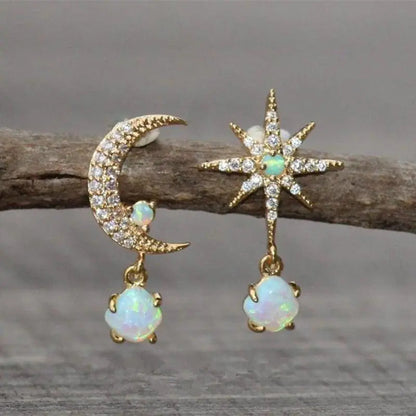 Moon and Star Earrings Made of Gold and Opal