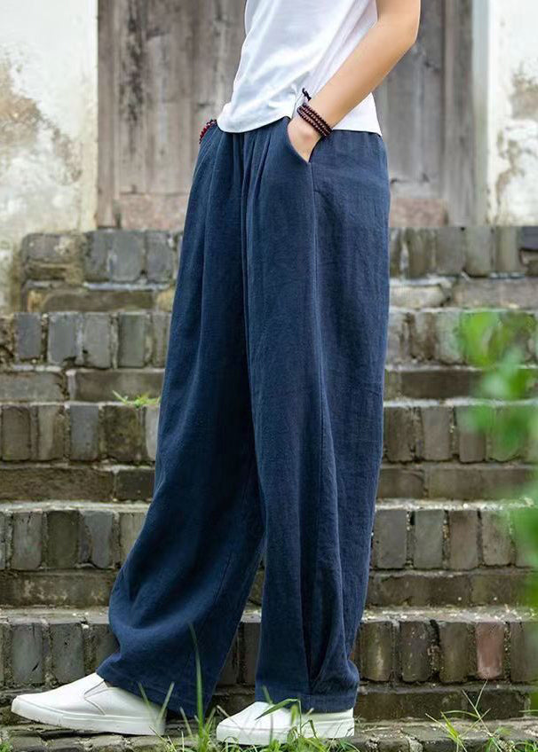 Simple Blue Pockets Linen Pants Summer