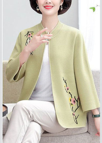 Light Green Stand Collar Embroideried Woolen Loose Cardigan Fall
