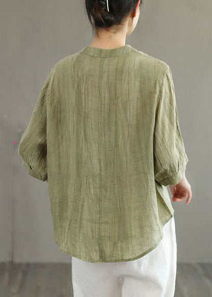 Classy Khaki O-neck Button Color Wrinkled Linen Shirt Top Half Sleeve