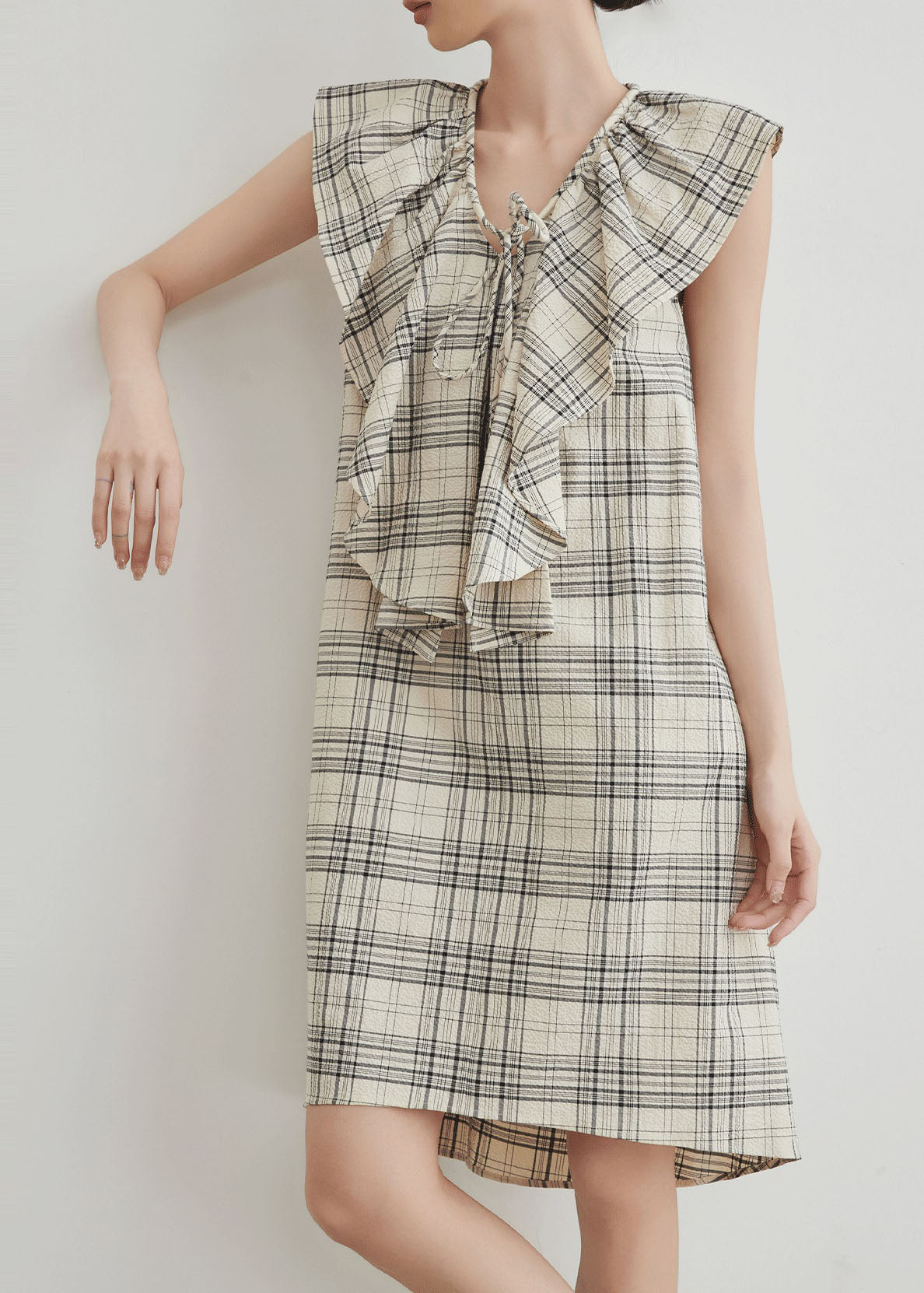 Apricot Ruffled Plaid Cotton Mid Dresses Summer