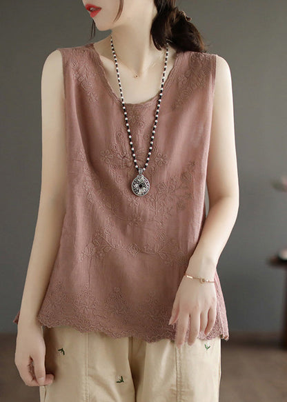 Skin Pink Embroidered Cotton Vest Sleeveless