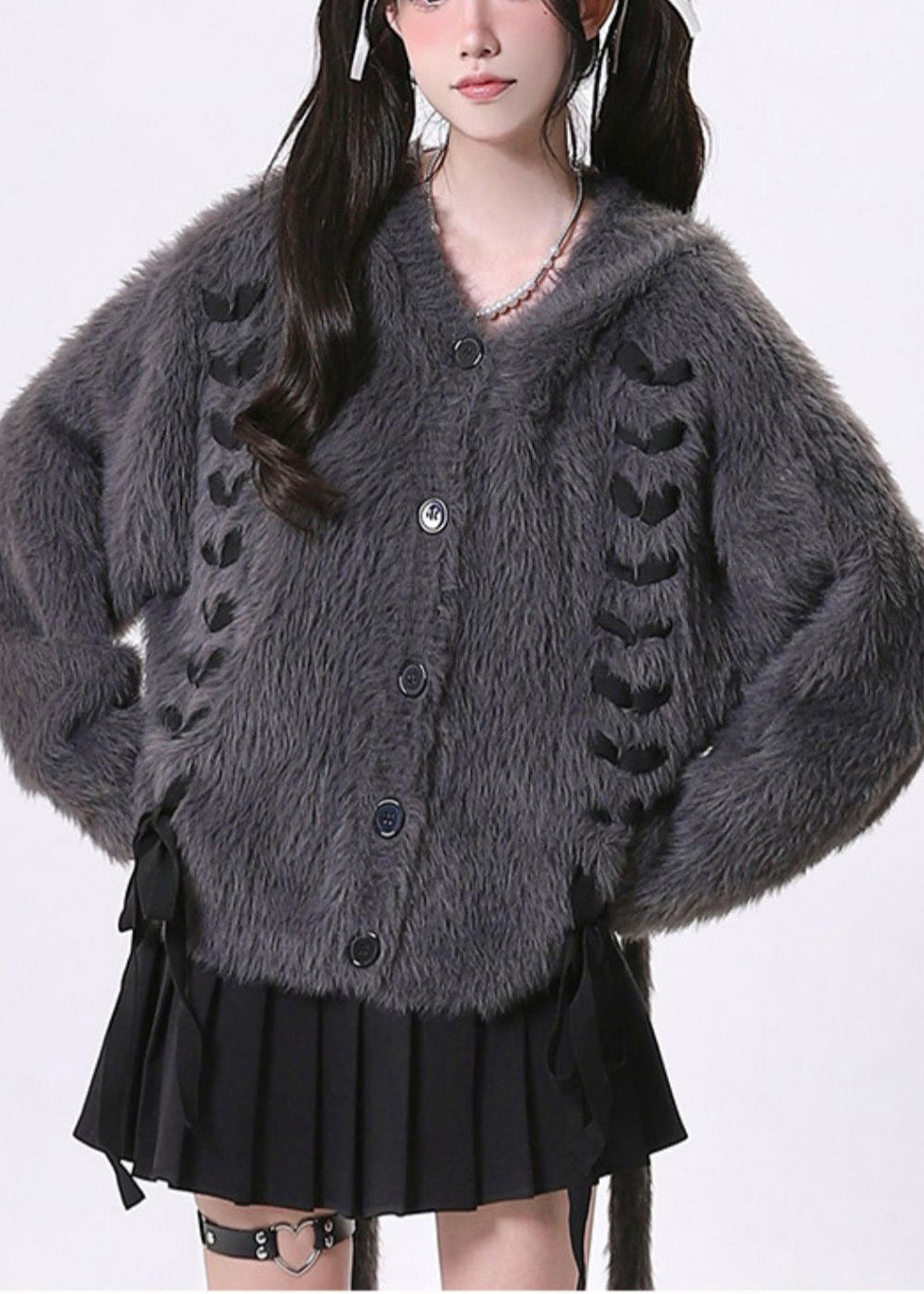Dark Grey Oversized Bow Knit Rabbit Ears Hoodies Outwear Spring