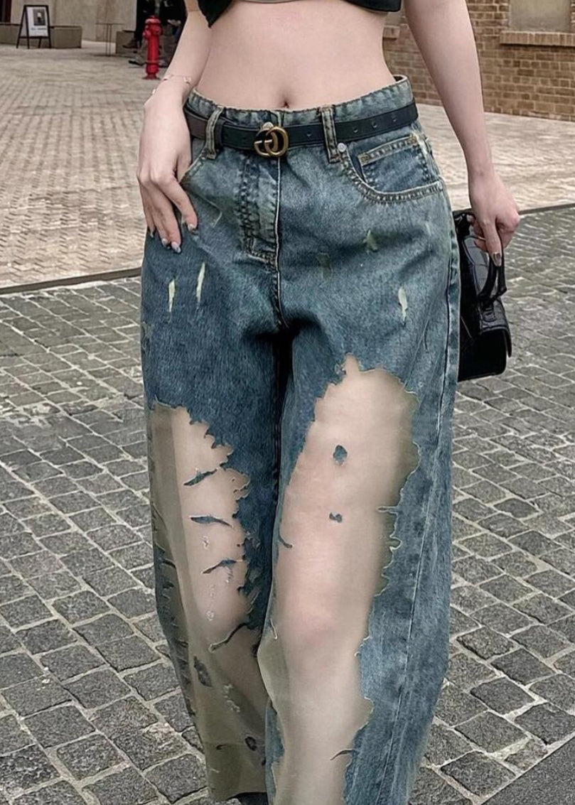 Blue Hollow Out Patchwork Tulle Denim Straight Pants Spring