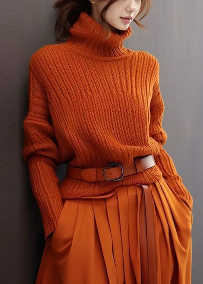 Simple Orange Turtleneck Thick Knit Sweaters Spring