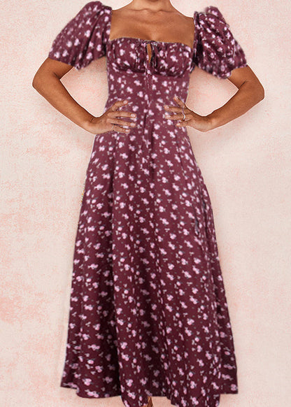 Grey Square Collar Puff Sleeve Print Side Open Cotton Dress