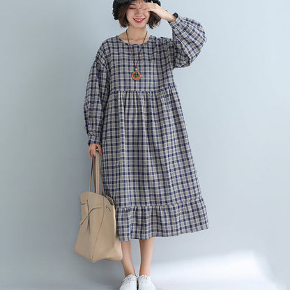 Apparel Loose Plaid Dress Cotton Linen Dresses