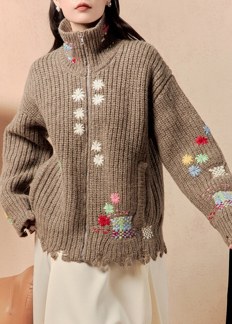 Coffee Zip Up Hole Pockets Cotton Knit Coats Winter